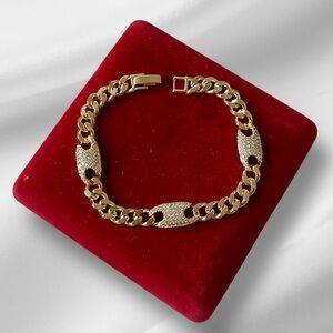 14k Gold Plated Cuban Chain Bracelet with Rhinestone Accents